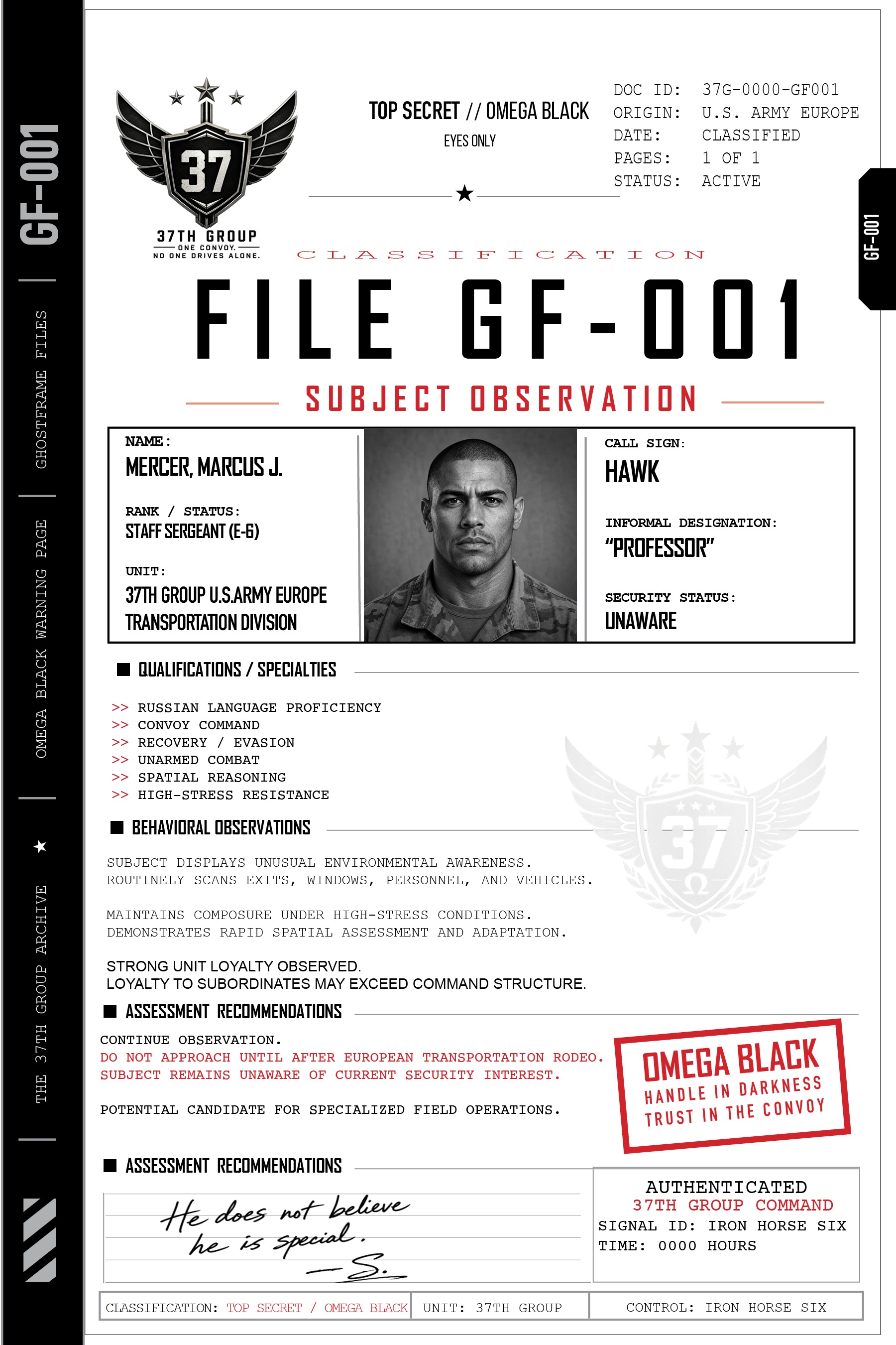 File GF-001: Hawk Mercer subject observation sheet, stamped OMEGA BLACK